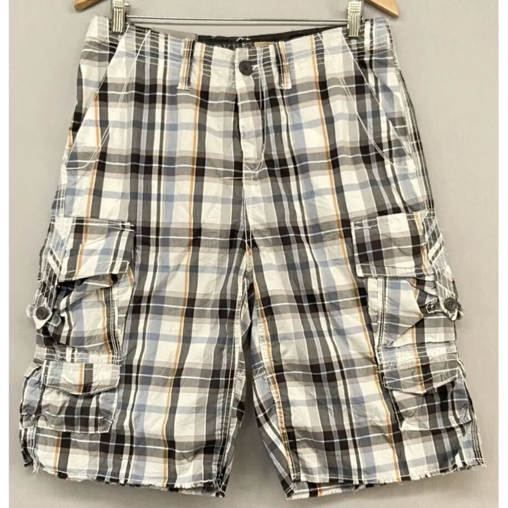 BKE Casuals Cargo Shorts Mens 31 -Flat Front-Plaid-Raw Hem -Black-Hiking -Beach